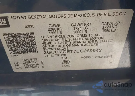 2020 Chevrolet Silverado 1500 from USA, damaged, VIN 3GCUYGET7LG269943